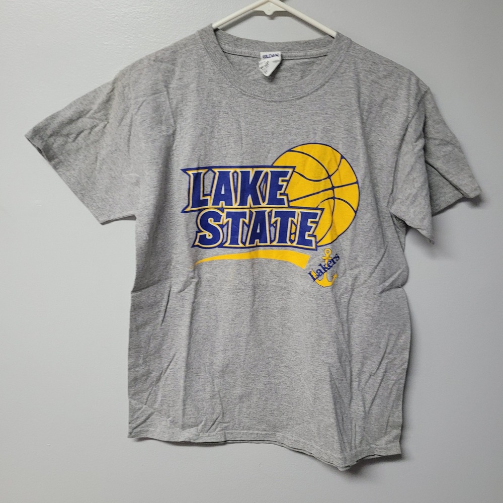 Gildan Lake State Lakers Basketball Graphic T Shirt Youth Sz L Gray Cotton Blend